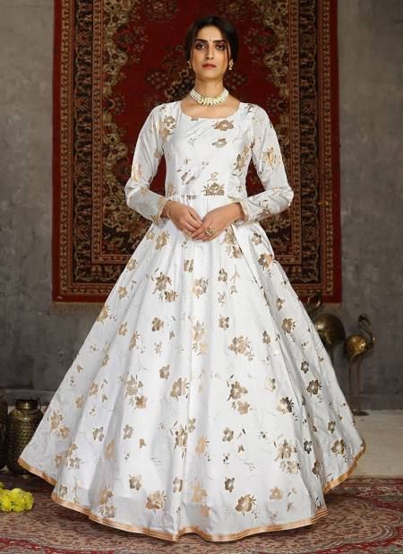 White Colour FLORY VOL 15 Exclusive Occasion Wear Taffeta Metalic Foil Work Ladies Latest Designer Gown Collection 4603